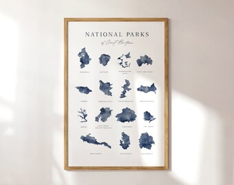 UK National Parks Print, Navy Blue British Travel Poster, Great Britain, Watercolour Silhouette, Peak Lake District York Moors Dartmoor