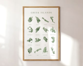 Greek Islands Travel Print, Greece Wall Art, Sailing Poster, Sage Green Watercolour, Greece Honeymoon Gift, Summer Mediterranean Painting