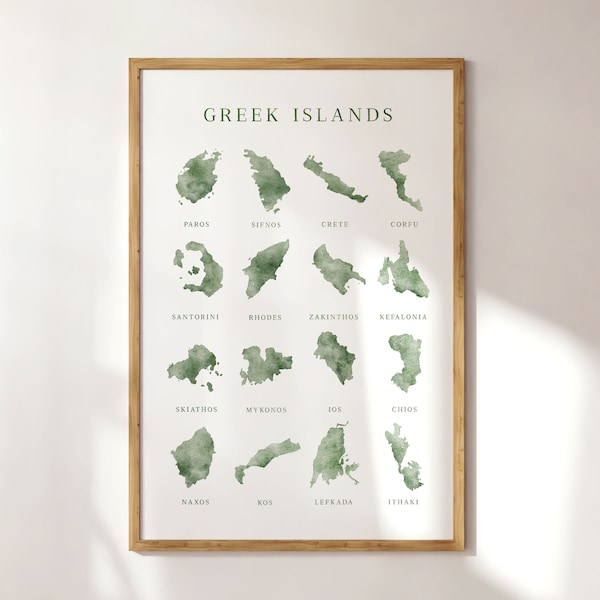 Greek Islands Travel Print, Greece Wall Art, Sailing Poster, Sage Green Watercolour, Greece Honeymoon Gift, Summer Mediterranean Painting