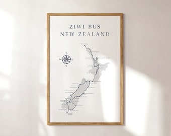 Kiwi Bus Route Map, New Zealand Travel Print, Blue Backpacking Adventure Poster - Queenstown Christchurch Rotorua Waitomo Wainaka Auckland