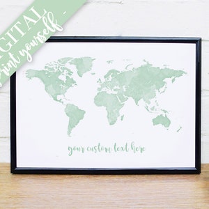 Green Watercolour World Map Wall Art, Custom Map Download, Digital Travel Map, Printable Wall Art, Printable Nursery, Pastel Green Baby Gift