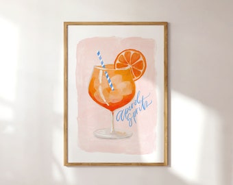 Aperol Spritz Poster Print, Bright Colourful Wall Art, Pink Blue Orange, Aperol Cocktail Download, Digital Printable Poster, Mediterranean