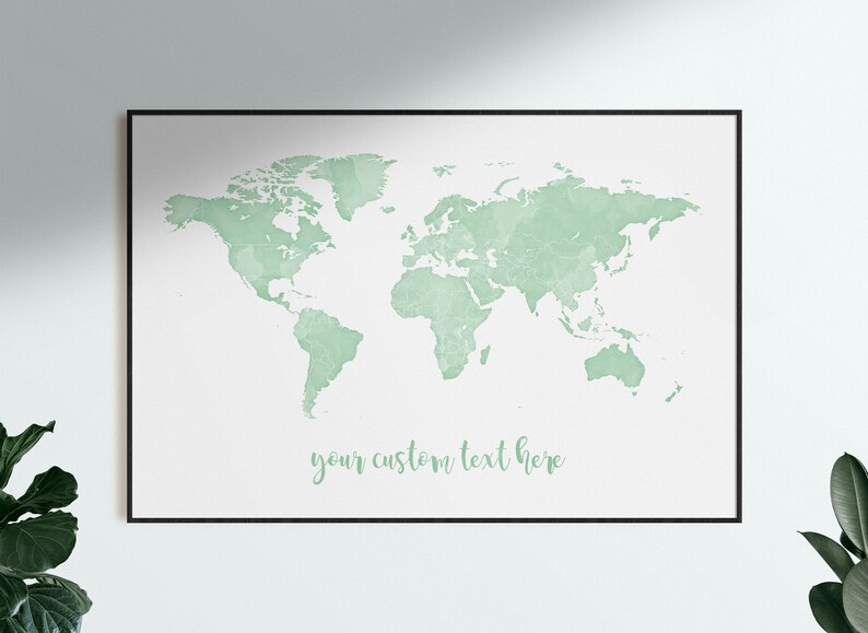 Pastel Green Watercolour Green Nursery Neutral Nursery Print Custom Travel Map Art Sage Green World Map Wall Art Pale Green Wall Decor
