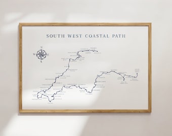 South West Coast Path DIGITAL DOWNLOAD, Printable Cornwall Devon St Ives Pastow Penzance Rock Salcombe Print, Navy Blue Print, British Coast
