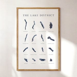 Lakes of the Lake District Print, Arte mural de acuarela azul marino, Mapa del Distrito de los Lagos, British Travel, Windermere, Coniston Water, Ullswater