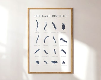 Lakes of the Lake District Print, Navy Blue Watercolour Wall Art, Lake District Map, British Travel, Windermere, Coniston Water, Ullswater