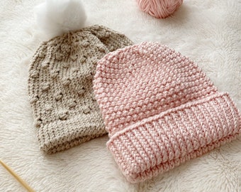 2 Knitted Hat Patterns for Babies: Textured Beanie + Raine Beanie, Easy Beginner Knitting Projects, PDF Printable Digital Download