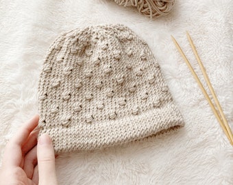Knit Hat Pattern for Baby: Bobble Stitch Beanie, Newborn 0-3 months, DK Weight Yarn, Easy Intermediate, PDF Instant Download