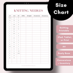 Afdrukbare pagina voor breinaald-conversietabel + inventaristracker, bijsluiters knutseldagboek, breibenodigdheden voor beginners