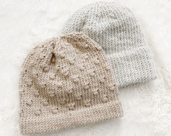 2 Knit Baby Beanie Patterns: Raine + Londynn Hat Designs, Newborn 0-3 months, DK Weight Yarn, Easy Project, PDF Download