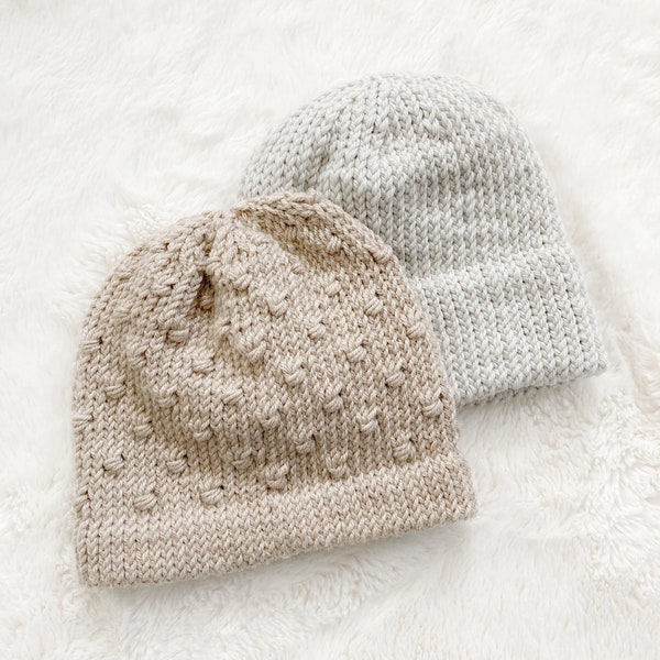 2 Knit Baby Beanie Patterns: Raine + Londynn Hat Designs, Newborn 0-3 months, DK Weight Yarn, Easy Project, PDF Download