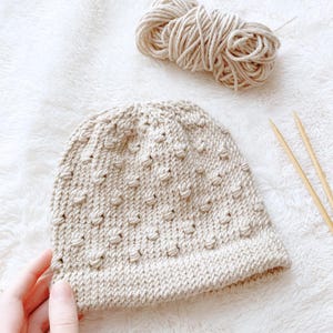 Knit Hat Pattern for Baby: Bobble Stitch Beanie, Newborn 0-3 months, DK Weight Yarn, Easy Intermediate, PDF Instant Download