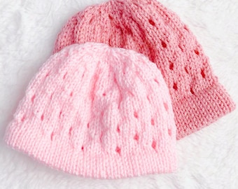 Eyelet Baby Hat Knitting Pattern, Easy Newborn Beanie for Baby Girl, Lace Baby Shower Gift, DK Yarn DPN Pattern PDF, Pink Knit Hat
