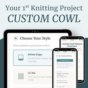 Pode incluir: Uma interface digital para um projeto de tricô, exibida em um tablet e dois smartphones. As telas mostram opções para um colarinho personalizado, incluindo seleção de padrões e um gerador de padrões. O texto inclui "Custom Cowl" e "Pattern Generator".