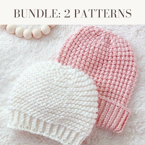 May include: Two knitted hats, one white and one pink, with a textured stitch pattern. The hats are on a white fluffy surface. "Bundle: 2 Patterns" is written in black text at the top of the image.