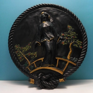 Chalkware Plaster Chinese Wall Art, Oriental Chalk ware Girl Wall Plaque, 1940 Painted Chalkware Wall Decor