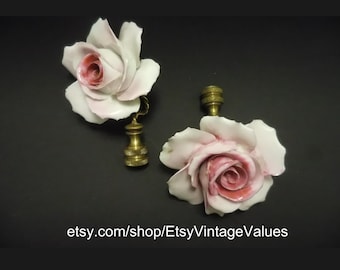Vintage Porcelain Flower Lamp Finial, Pair Antique Rose Lamp Finials