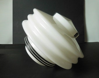 Art Deco Milk Glass Ceiling Shade, Black Pinstriped Glass Shade, Vtg Space Age Glass Ceiling Light