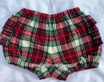 Holiday Red, Cream, Green Large Plaid Little Girl Ruffle Bloomer Size 2-3 year old.
