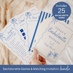 25 Bachelorette Games and Matching Bachelorette Invitation Bundle - Blue Printable Tying the Knot Bachelorette Invite Bridal Shower Games