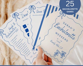 May include: A printable set of 25 bachelorette party games with a blue and white colour scheme. The games include "Finish the Bachelorette's", "Guess the", "Drum", and "Finish the Bachelorette's". The text "Sarah's Bachelorette Weekend" is also included on the invitation.