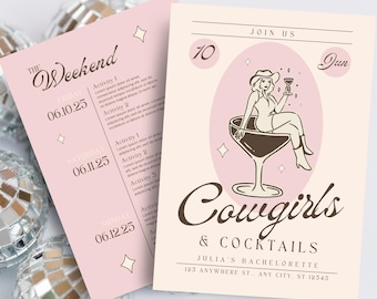 May include: A pink and cream invitation with a cowgirl illustration holding a glass of wine. The text reads "Join us, Cowgirls & Cocktails, Julia's Bachelorette, 123 Anywhere St., Any City, ST 12345".