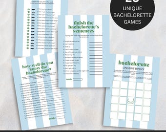 May include: A collection of printable bachelorette party games. The games include "Guess Who Bride or Groom?", "Finish the Bachelorette's Sentences", "How Well Do You Know the Bachelorette?", and "Bachelorette Lingerie Bingo!" The games have a light blue and white striped design.