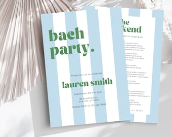 Bachelorette Invitation - DIY Printable or Digital Striped Bachelorette Party Invitation Template - 4 Color Combos - Bach Weekend Itinerary