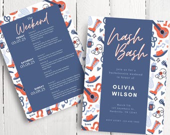 May include: Two invitation cards with a blue and white design. One card says "The Weekend" with dates and activities. The other says "Nash Bash" with a name and address. The cards have a country music theme.