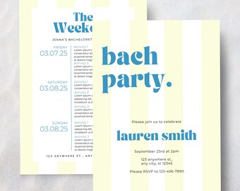 Bachelorette Invitation - DIY Printable or Digital Striped Beach Bachelorette Party Invitation Template - 4 Color Combos - Weekend Itinerary