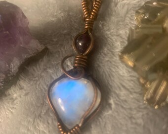 rainbow moonstone in a cooper wire wrap healing crystal jewelry boho necklace bohemian hippie jewelry