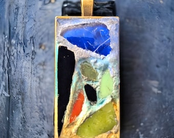 Blue / green Pendant / Mosaic necklace / Concrete Necklace / Long Pendant Necklace / Art Pendant