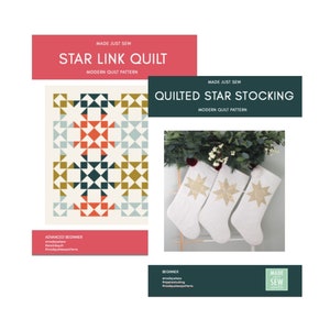 Peut inclure: Deux patrons de courtepointe, l'un pour une courtepointe à étoiles reliées et l'autre pour une chaussette à étoiles matelassée. Le patron de courtepointe à étoiles reliées est pour les débutants avancés et présente un motif géométrique avec des couleurs rouge, bleu, vert et or. Le patron de chaussette à étoiles matelassée est pour les débutants et présente une chaussette blanche avec un motif d'étoile dorée.
