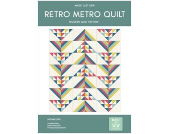 May include: A quilt pattern titled "Retro Metro Quilt" with a modern design featuring a repeating pattern of yellow, red, blue, and white triangles. The pattern is labeled as "Intermediate" and is a digital download from Made Just Sew.