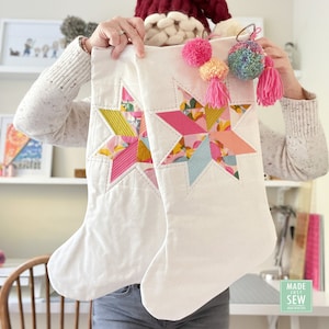 Kerstsok - naaipatroon - moderne gewatteerde kous pdf - blokontwerpen met 3 sterren - patchwork