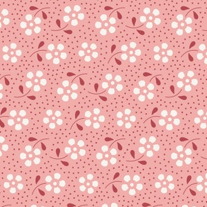 Peut inclure: Un motif sans couture composé de fleurs blanches à cinq pétales sur un fond rose. Le fond est également recouvert de petits points rouges espacés uniformément.
