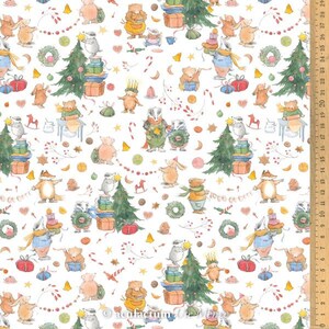 May include: White fabric with a repeating pattern of woodland animals and Christmas decorations. The animals include foxes, squirrels, hedgehogs, and owls. The decorations include Christmas trees, wreaths, candy canes, and stars. The fabric is perfect for crafting projects, such as quilting, sewing, and scrapbooking.
