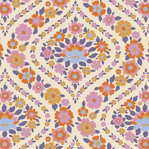 May include: A repeating floral pattern in shades of orange, pink, blue, and purple on a cream background. The design features stylized flowers arranged in a symmetrical, geometric layout, creating a vintage, retro aesthetic.