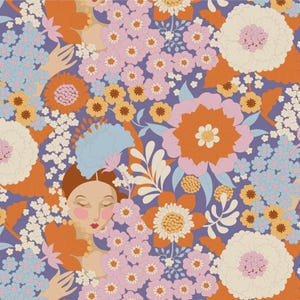 May include: A colourful floral pattern in orange, pink, blue, and white on a purple backdrop. The design features large stylized flowers and a woman's face, creating a retro, artistic aesthetic. The overall theme is a vintage floral design.