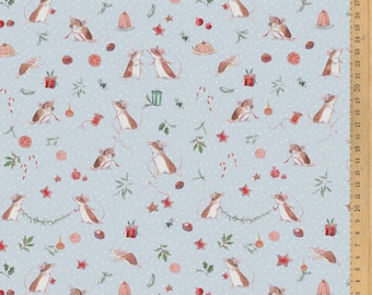 May include: Light blue fabric with a repeating pattern of watercolor mice, Christmas ornaments, gifts, and stars. The design includes candy canes, holly, and small white polka dots. The fabric has a ruler along the right edge.