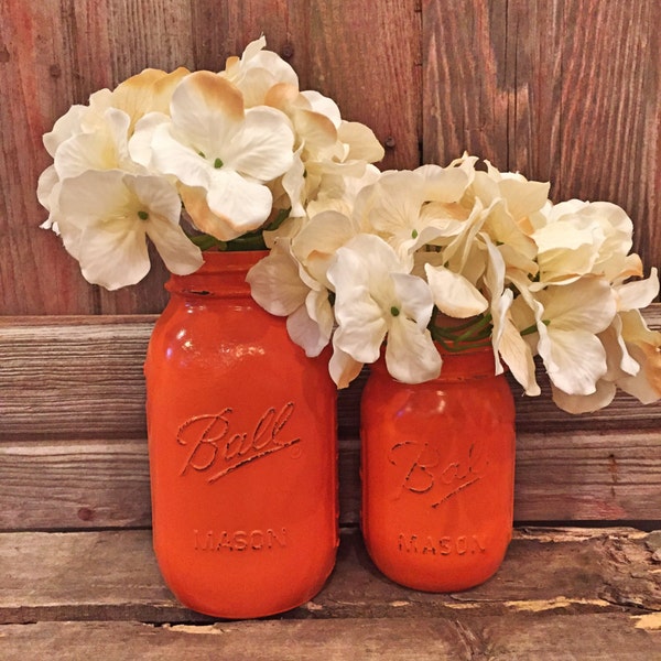 MASON JAR // Pumpkin Orange // Painted and Distressed Mason Jar // Quart + Pint Size // Regular + Wide Mouth