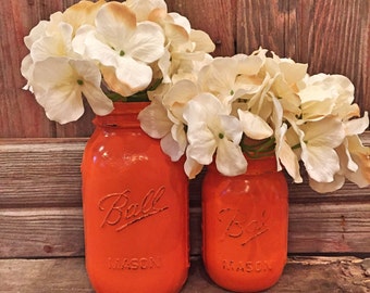 MASON JAR // Pumpkin Orange // Painted and Distressed Mason Jar // Quart + Pint Size // Regular + Wide Mouth