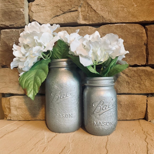 MASON JAR // Silver // Painted and Distressed Mason Jar // Quart + Pint Size // Regular + Wide Mouth