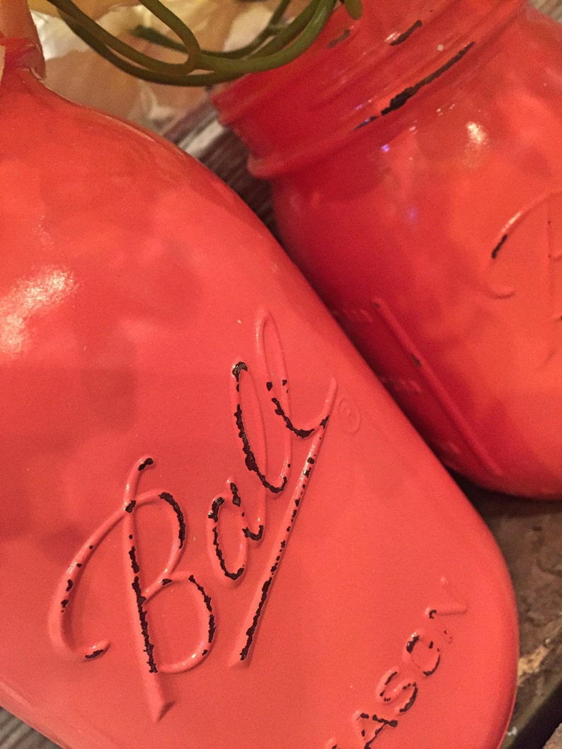 MASON JAR // Coral // Painted and Distressed Mason Jar // Quart Pint Size // Regular Wide Mouth image 3