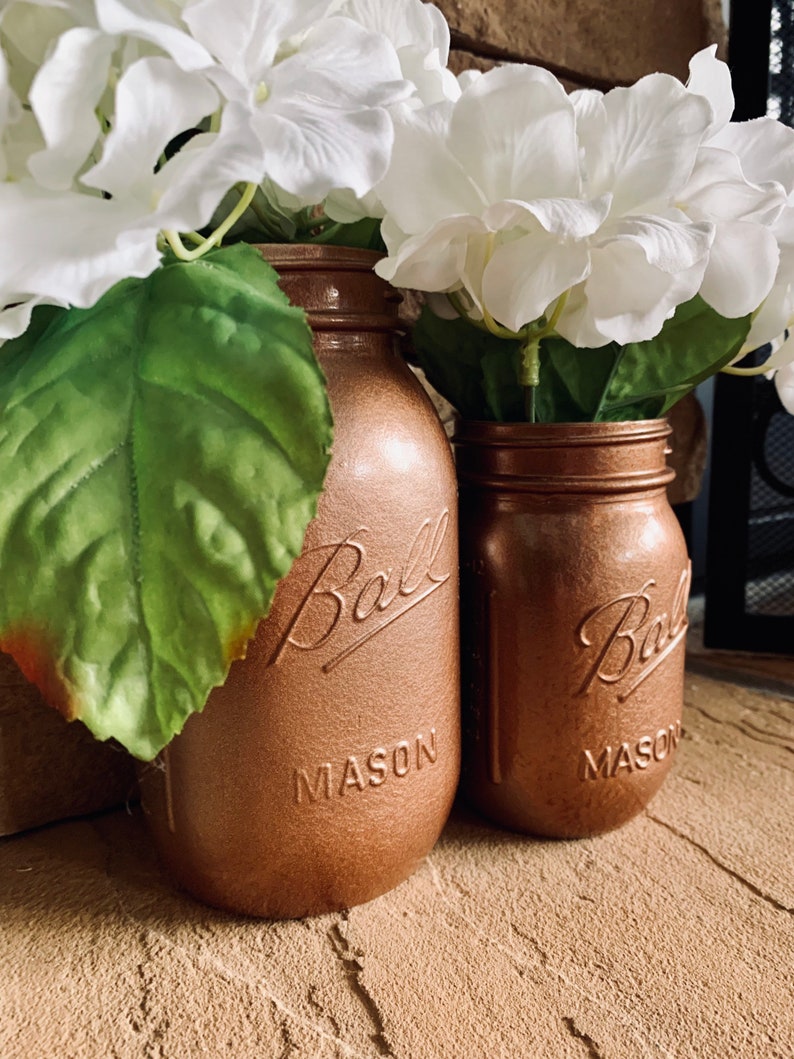 MASON JAR // Copper // Painted and Distressed Mason Jar // Quart Pint Size // Regular Wide Mouth image 2