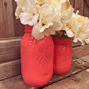 MASON JAR // Coral // Painted and Distressed Mason Jar // Quart Pint Size // Regular Wide Mouth image 2