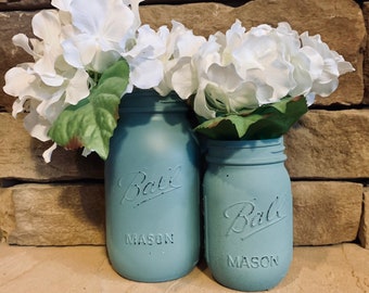 MASON JAR // Costal Sage // Painted and Distressed Mason Jar // Quart + Pint Size // Regular + Wide Mouth