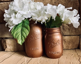 MASON JAR // Copper // Painted and Distressed Mason Jar // Quart + Pint Size // Regular + Wide Mouth