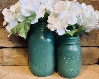 MASON JAR // Moss Green // Painted and Distressed Mason Jar // Quart + Pint Size // Regular + Wide Mouth