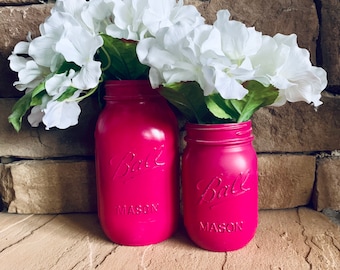 MASON JAR // Magenta Pink // Painted and Distressed Mason Jar // Quart + Pint Size // Regular + Wide Mouth